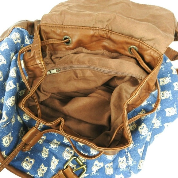 OWL Print Canvas Backpack Faux Leather Trim - Picture 5 of 8
